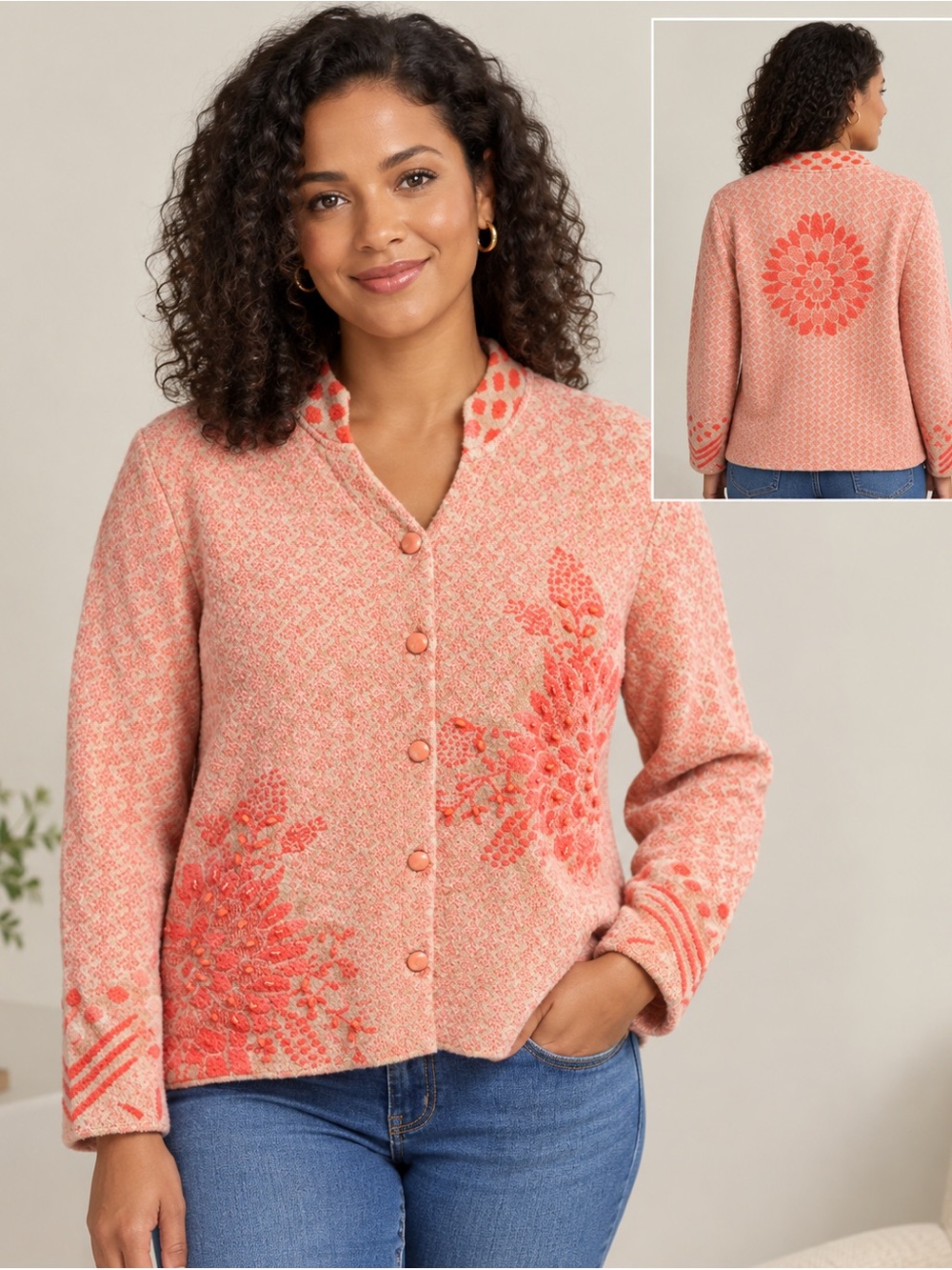 Vintage 1990s Oster Coral and Cream beaded Floral Knit Cardigan